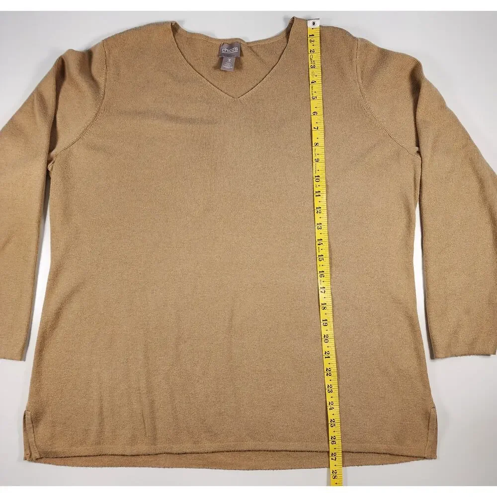 Chico's Camel V-Neck Knit Sweater Size 3 Relaxed Minimalist